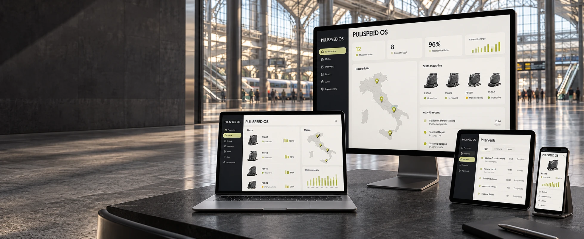 Concept PULISPEED OS su computer, tablet e smartphone in un ambiente affacciato su una grande stazione